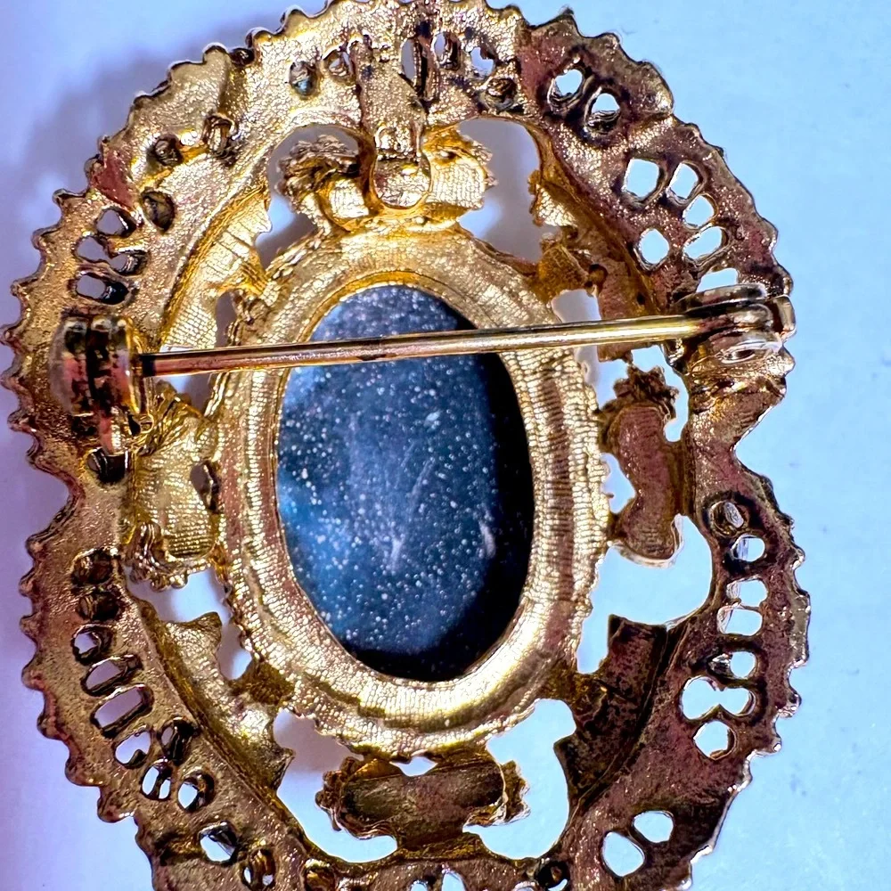 Vintage 1960s floral Gold tone Guilloché enameled hand painted Rose Brooch
